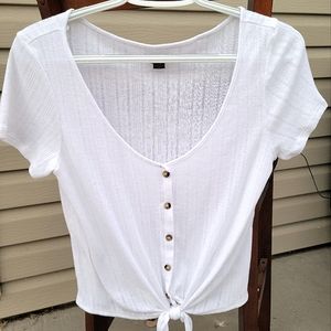AE Front Knot Button Short Sleeve Top Knit Lightweight White S